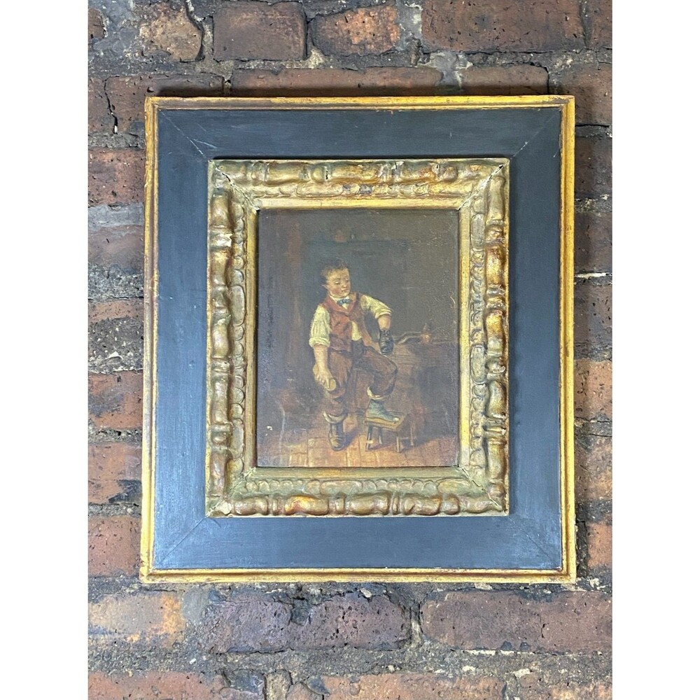 Vintage Framed Oil Painting Potentially Titled "Shoeshine Boy"